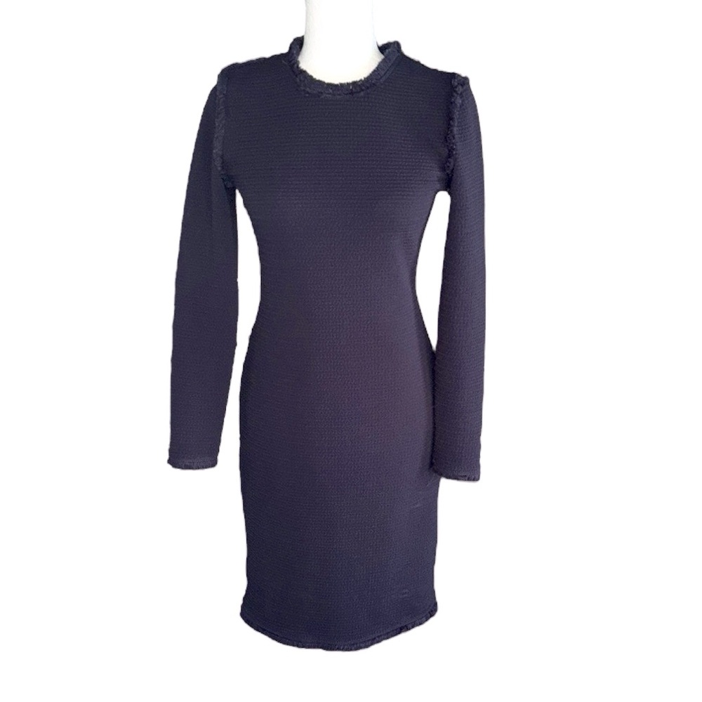 Joseph Ribkoff Black Textured Fringe Trimmed Long Sleeve Knit Sheath Dress - 6